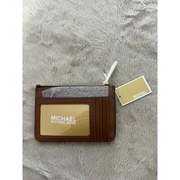Michael Kors Jet Set Small Brown Coin Pouch W/ ID Window Monogram Leather Wallet - Picture 2 of 7